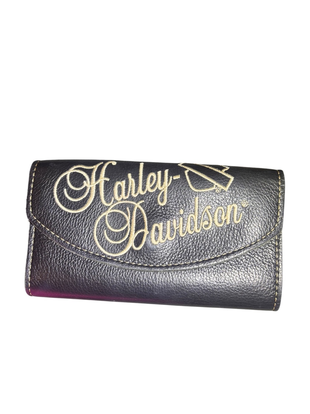 Harley-Davidson Black Leather Embroidered Script Tri-Fold Wallet